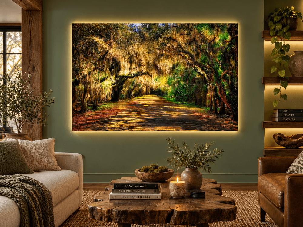 Enchanted Forest photograph displayed as Luchae illuminated fine art, featuring a sunlit tree-lined road beneath Spanish moss and lush Florida foliage.