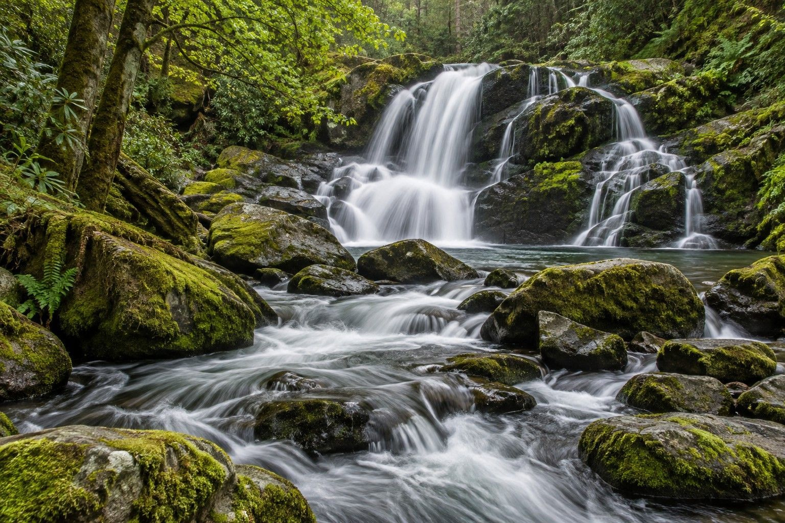 AI-generated illustration of a forest waterfall flowing over moss-covered rocks into a stream.
