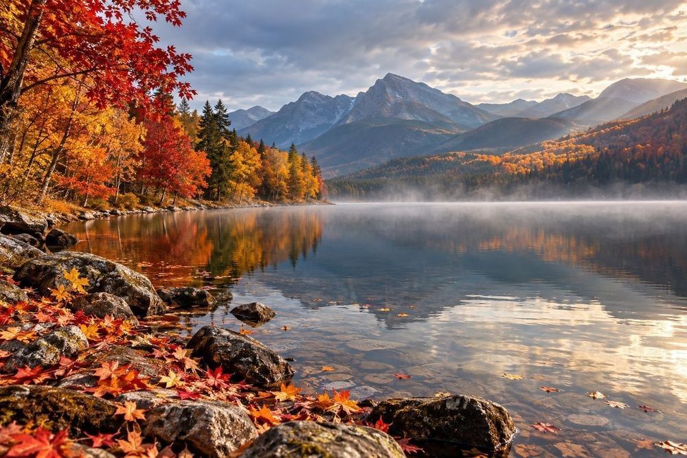 AI-generated autumn landscape illustration of red and golden trees reflected in a misty mountain lake at sunrise