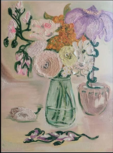An original oil painting by Magic Alice titled, "Romance Flowers in Vase".  A fine-art piece for reducing negative energy.