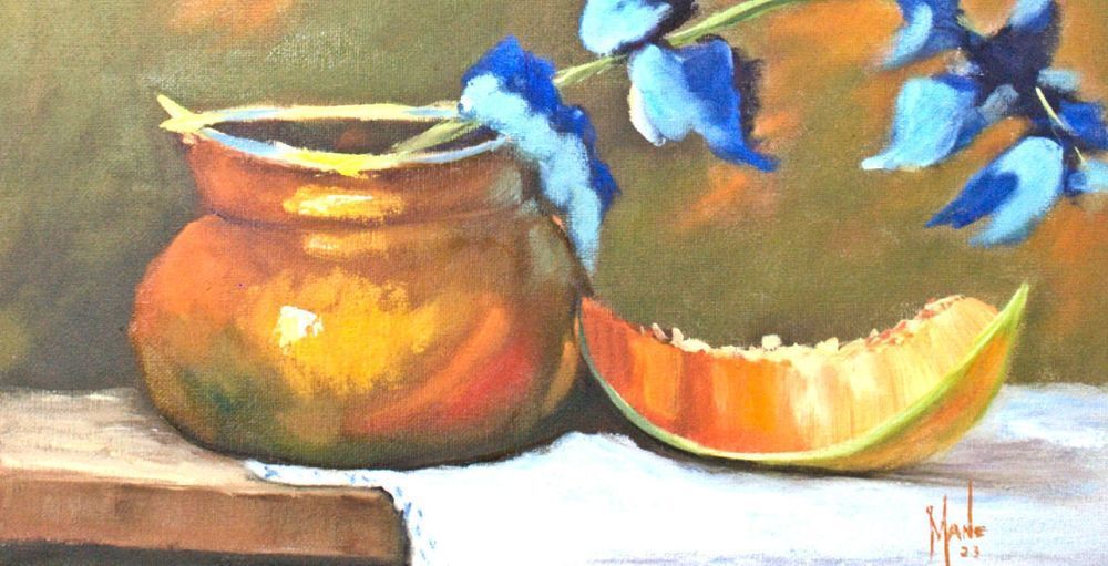 Blue Flowers In Copper Vase Art | Mane Carrion Studios