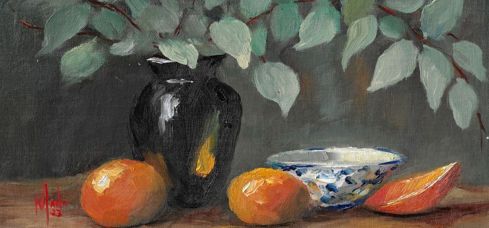 Black Vase And Orange Art | Mane Carrion Studios