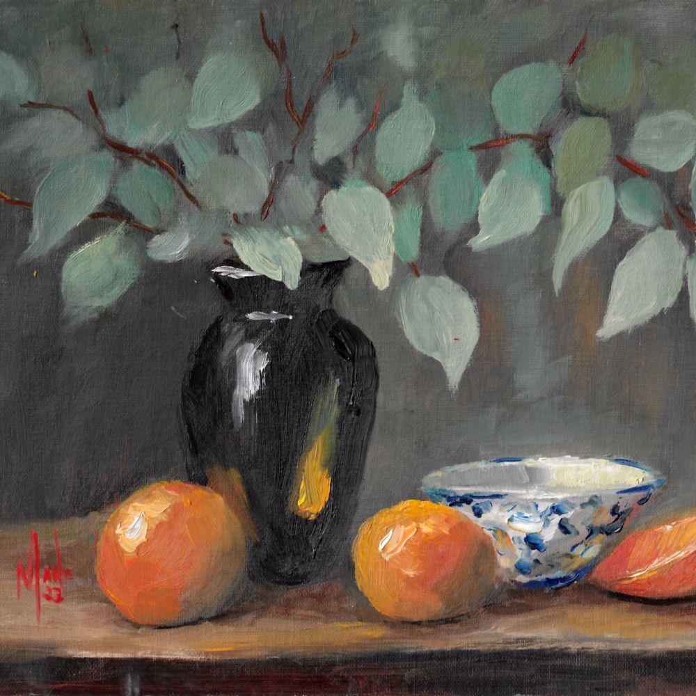 Black Vase And Orange Art | Mane Carrion Studios