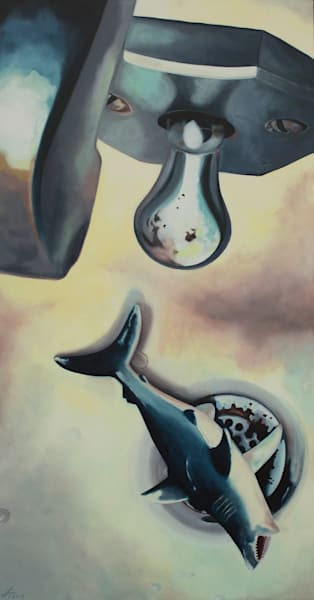 Shark toy on a bathtub drain fine art print