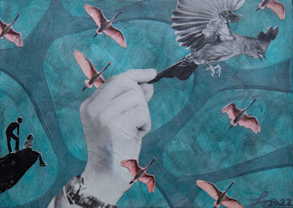 Hand plucking pink bird from flock fine art print