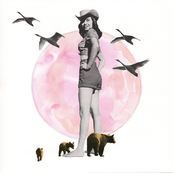 lady giant with little birds and bears original artwork