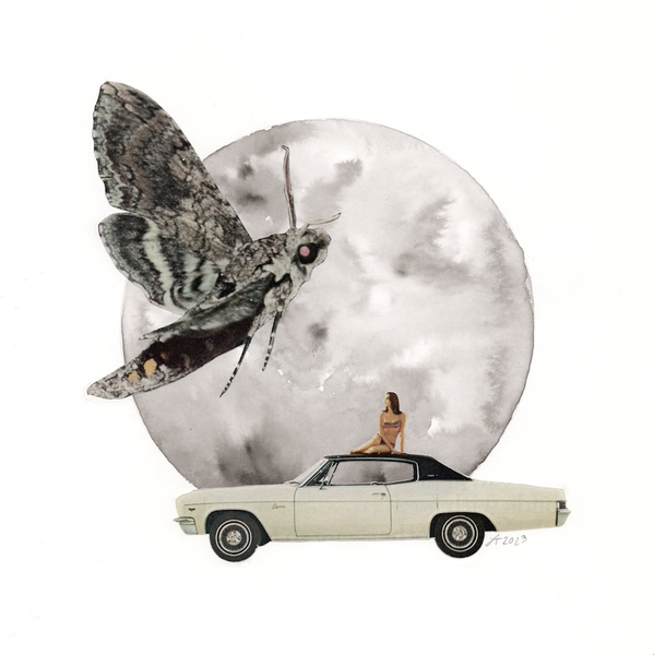 giant moth with woman on a car original art