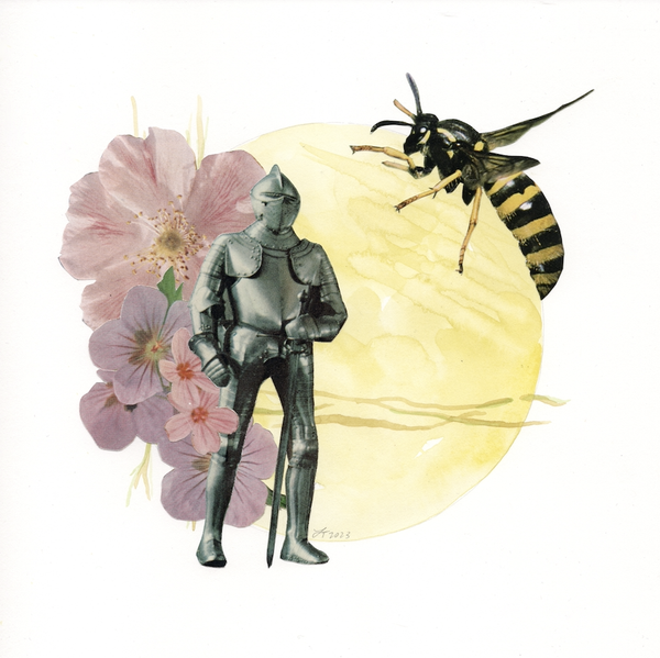 Knight protecting flowers from bee original art