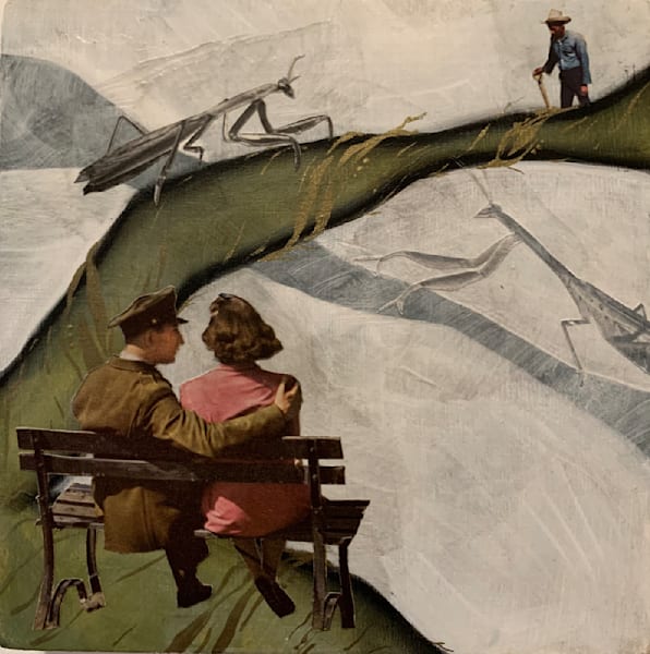 Couple on a park bench with praying mantis fine art print