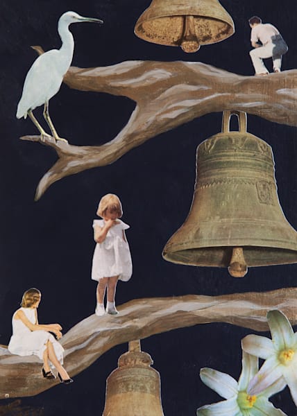 Little girl in a white dress with gold bells fine art print