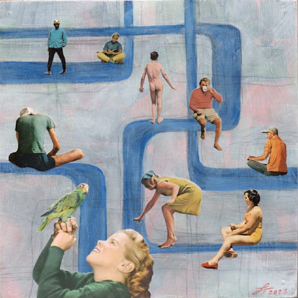 a naked guy amidst a group of colorfully dressed people fine art print