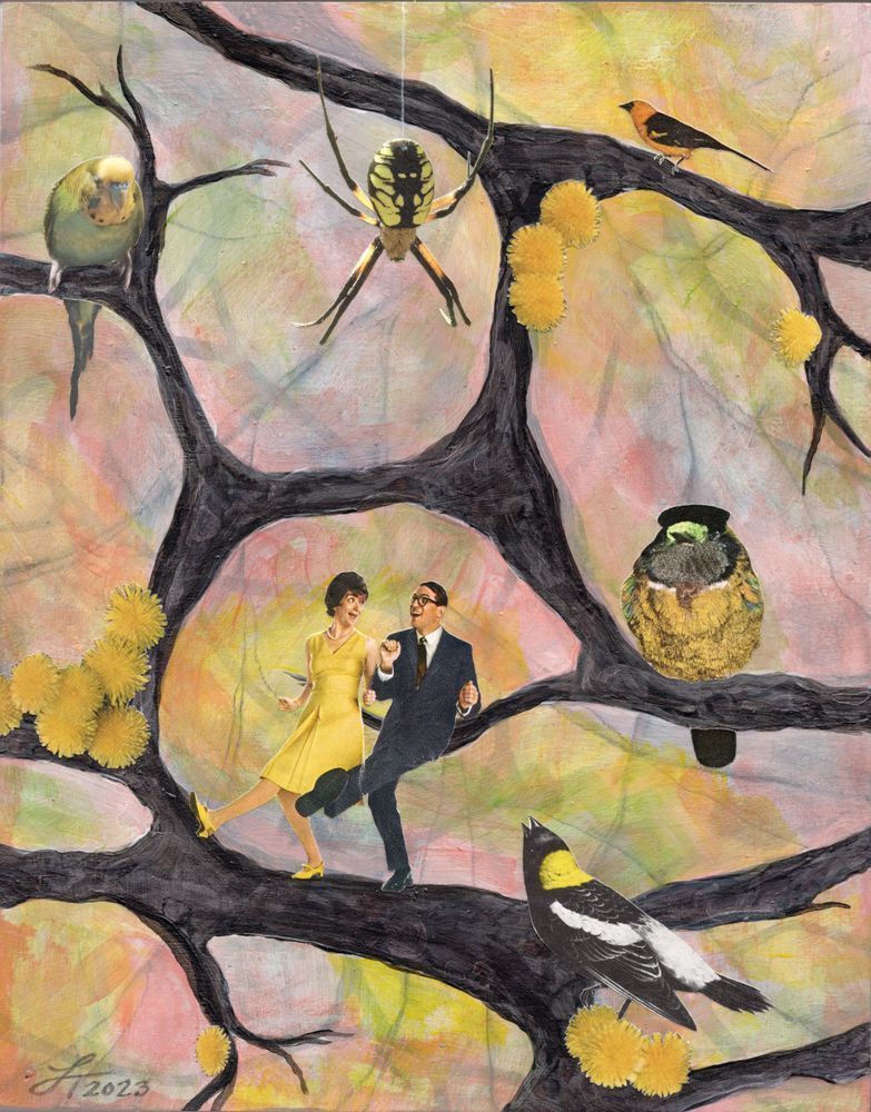 Spider talking a happy dancing couple among a group of birds fine art print