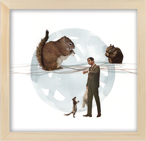 man waits for squirrels to be ready original art
