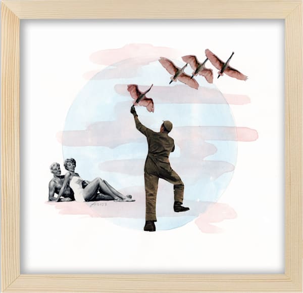 man reaching for pink birds original art