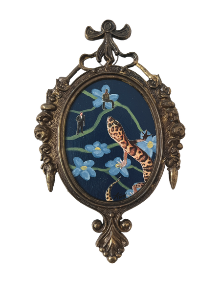 Miniature Mixed Media artwork featuring a lizard and flowers