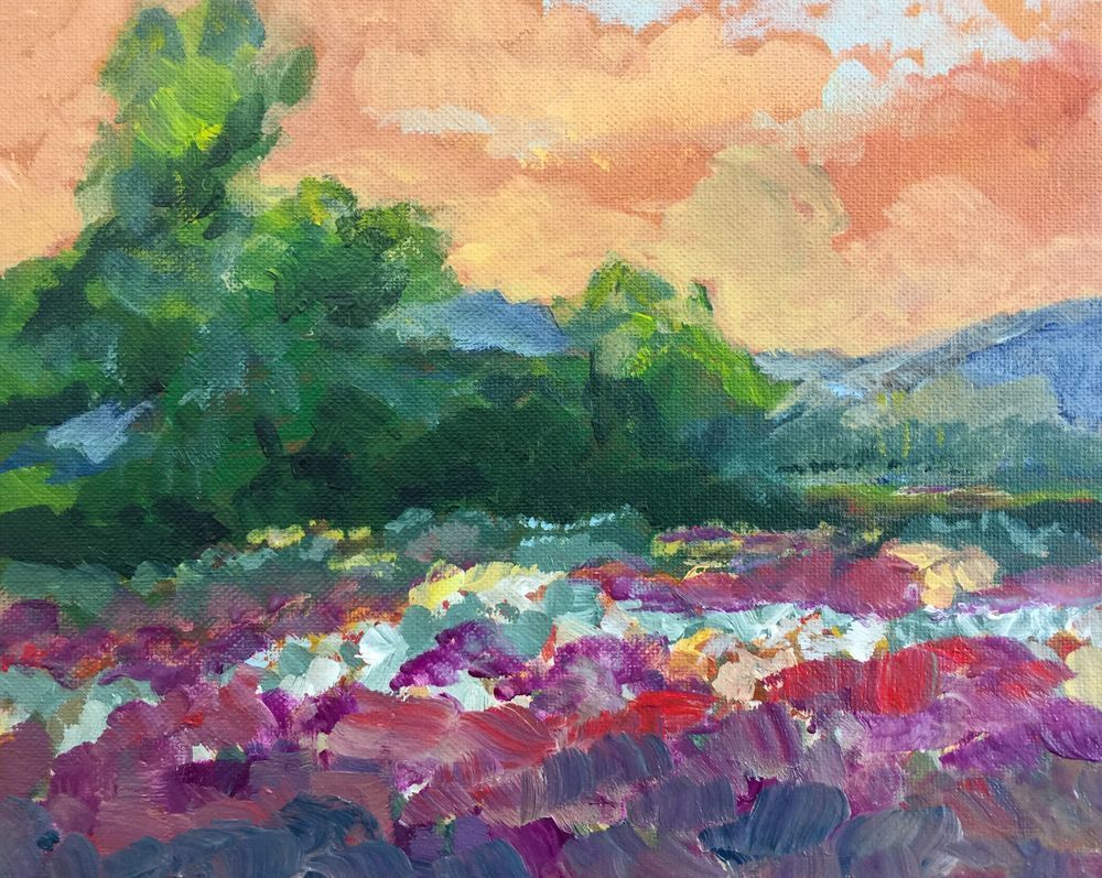 Landscape With Lavender Colored Ground Cover And Orange Sky Art | William Reed Artist