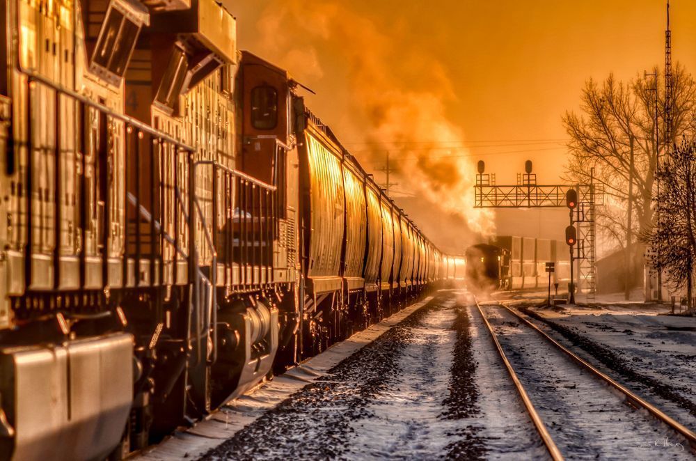 BNSF trains idle in wait as the sun rise on a -37F winter morning