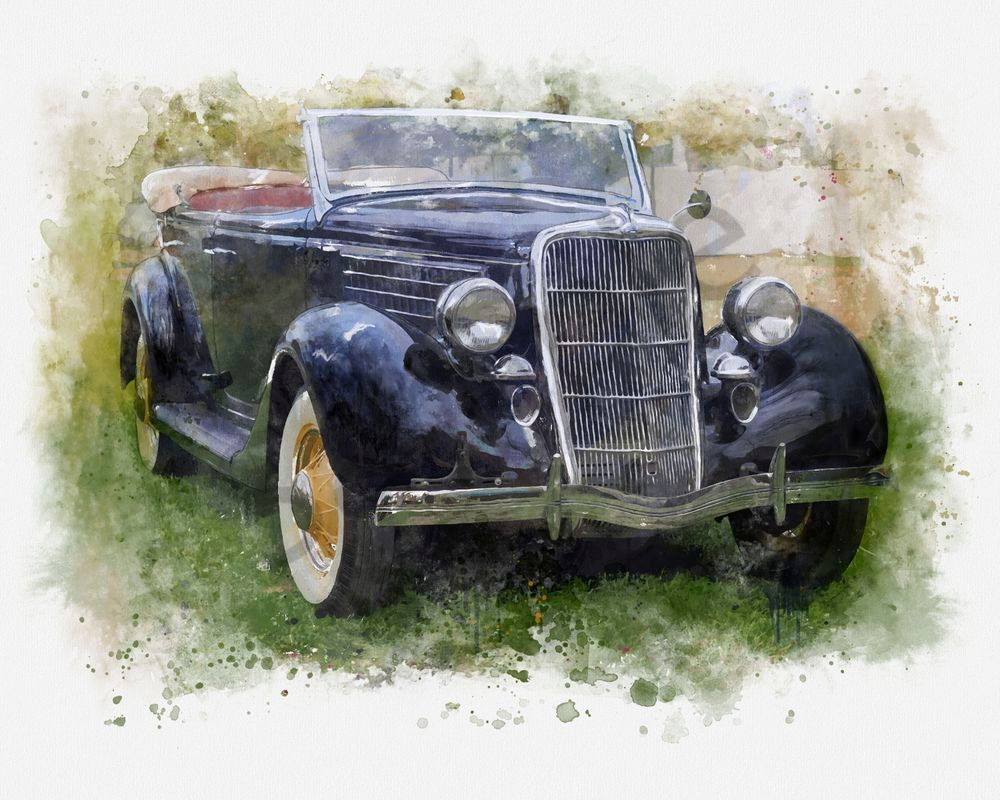 Vintage Black Car Watercolor Art | Eduardo Tavares