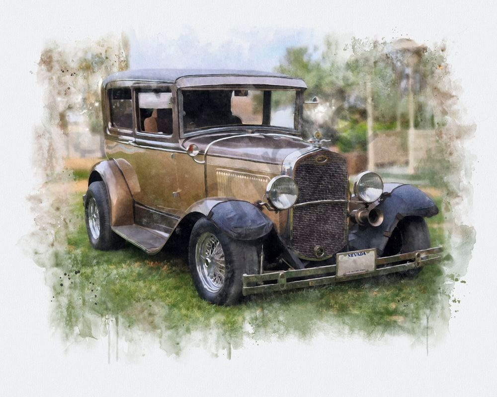 Vintage Gold Car Watercolor Art | Eduardo Tavares