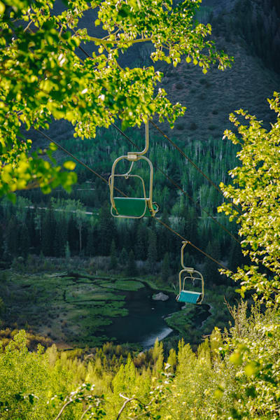 Spring Lift-Off – Vintage Chairlift in Lush Aspen Grove, Snowmass Colorado