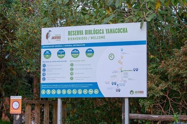 Welcome sign at Yanacocha Biological Reserve, a high-elevation birding reserve near Quito, Ecuador