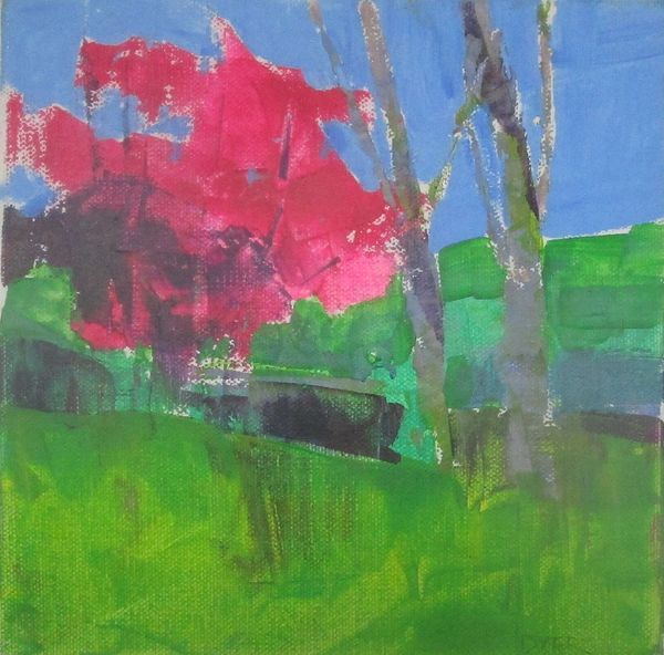 Pink Tree in Green Meadow — 8x8 Acrylic on Canvas