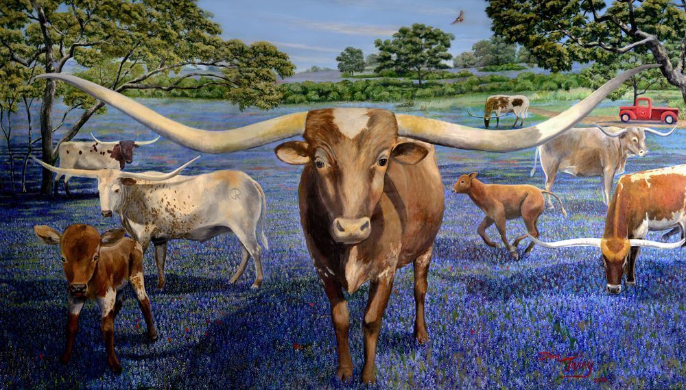 Longhorns In Bluebonnets Pastoral Art | Dan Terry