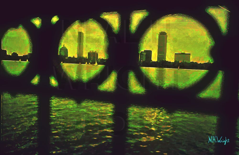 "Boston Charles River through Cambridge-side wrought iron fence"