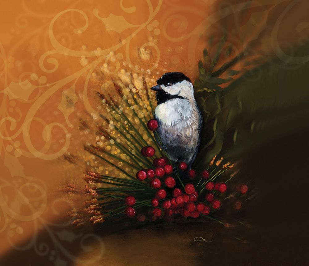 Yuletide Gold Chickadee Ornament – Porcelain Circle by Allison Richter – Winter Whimsy Collection