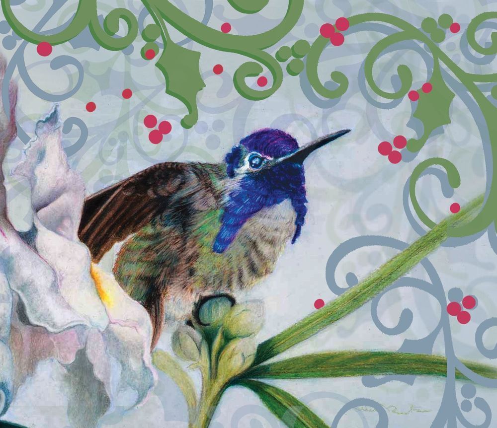 Hummingbird Porcelain Circle Ornament featuring Broken Amethyst by Allison Richter – Winter Whimsy Bird Art Holiday Decor