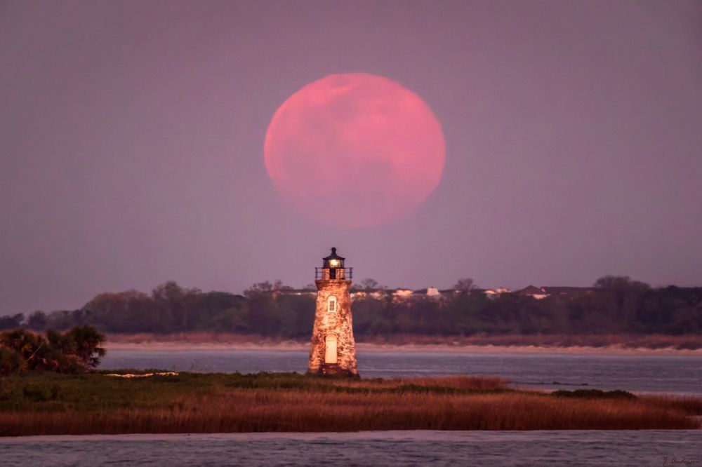 Cockspur Lighthouse with the Full Worm Moon