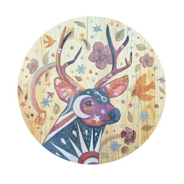 Deer with sun, moon , and stars with winter snowflakes