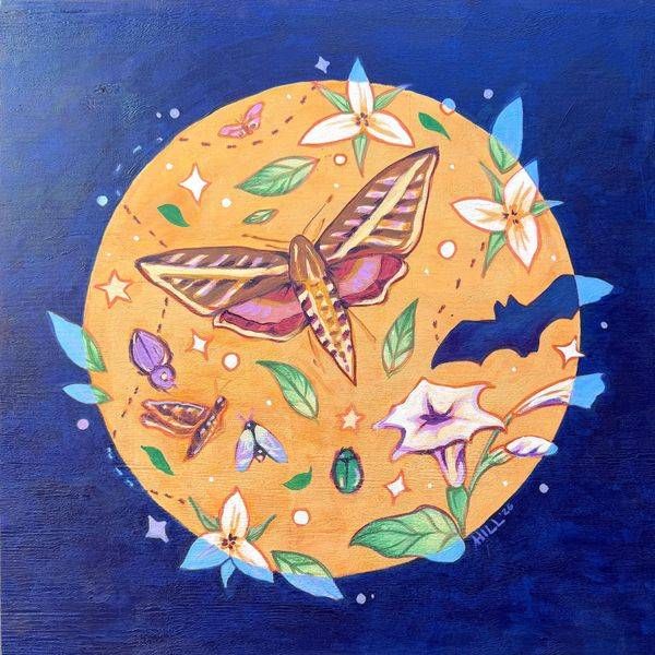 night time pollinator painting full moon 