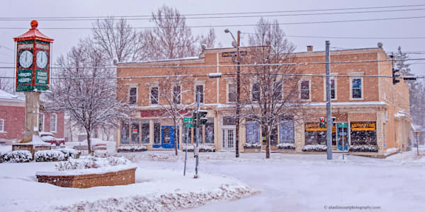 Rural Village Winter Snow with Town Clock Richfield Springs NY