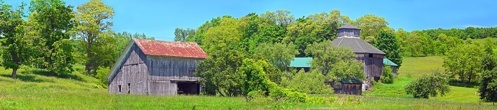 Sunny Day Salt Box And Octagon Barns Panorama Richfield Springs Candarago Lake Ny May 31 2024 2 Photography Art | Alan Lincourt Photography Dot Com