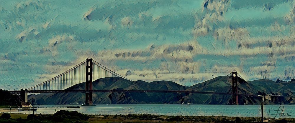 Golden Gate Bridge Artwork: Cloudy Day with a Touch of Blue Sky
