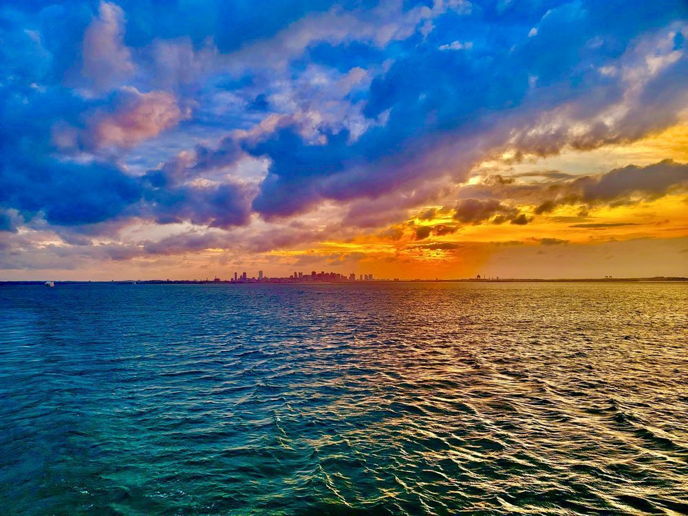 Boston Skyline: Radiant Sunset Spectrum Photography Art | Artistic Insights Aerial Photography