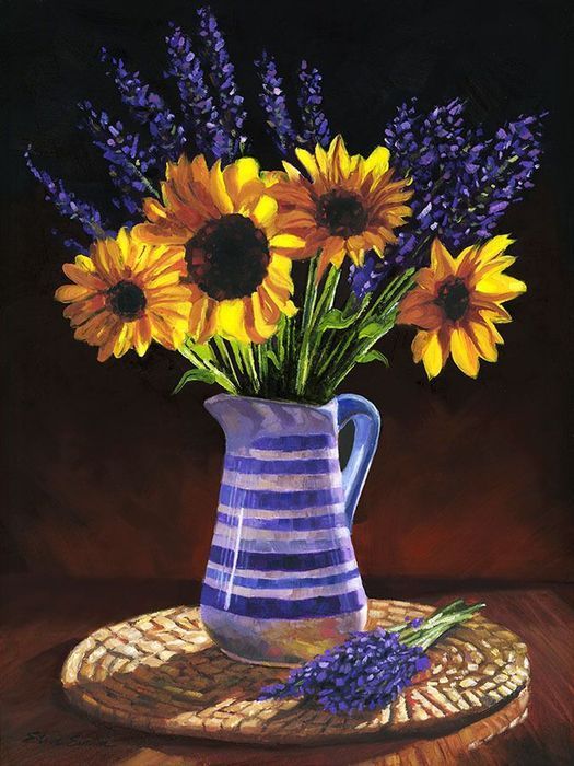 Sunflowers and Lavender Original Oil Painting