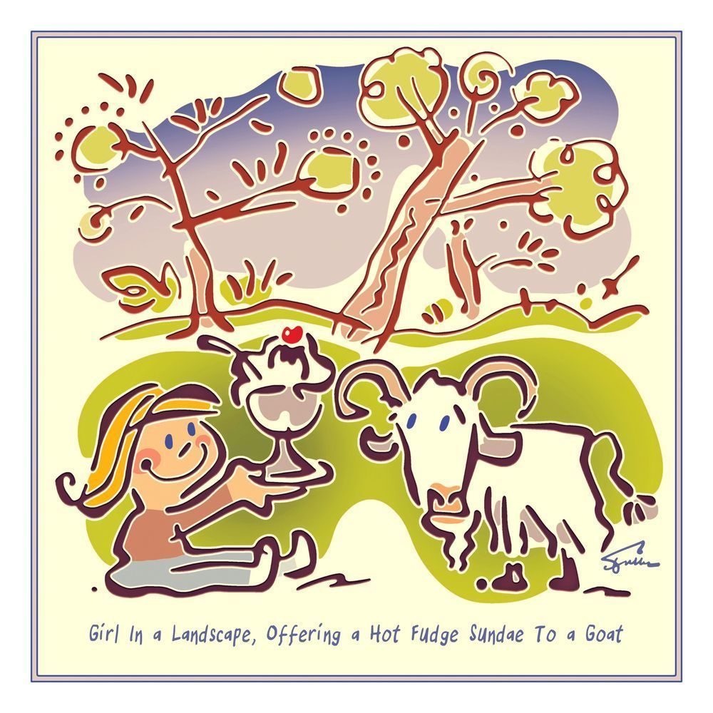 Girl In A Landscape, Offering A Hot Fudge Sundae To A Goat Art | Art of Van Evan Fuller