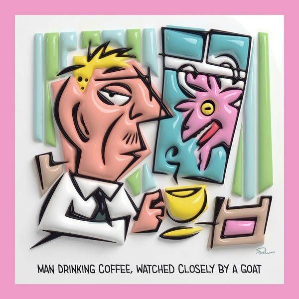 Man Drinking Coffee, Watched Closely By a Goat 2