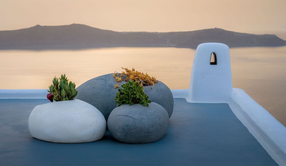 Rock Garden - Serene Santorini Sunset Photography