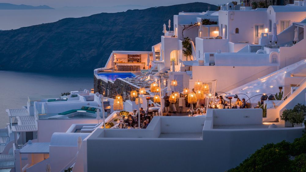 Dinner Time - Santorini Cliffside Dining Artwork