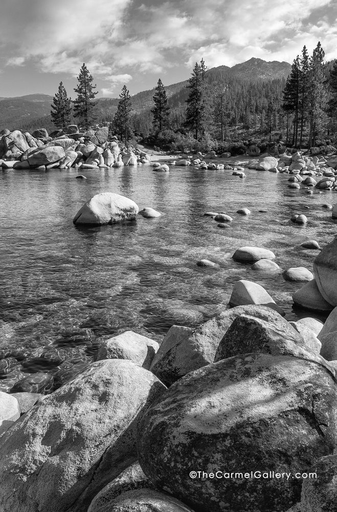 Lake Tahoe, Sand Harbor - black and white, trees, boulders and lake