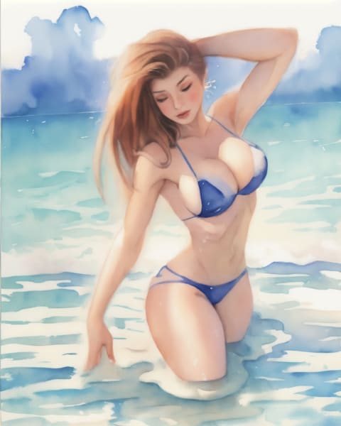 Brunette in the Lake Watercolor