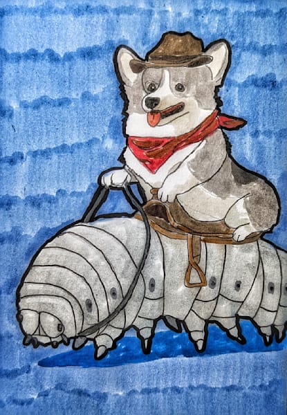 Cowboy Corgi Riding a Caterpillar – Whimsical Dog Art Print