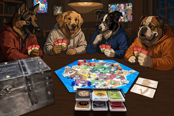 Dog Board Game Art – The Houndmaster Edition: Game Night on Catan Isle
