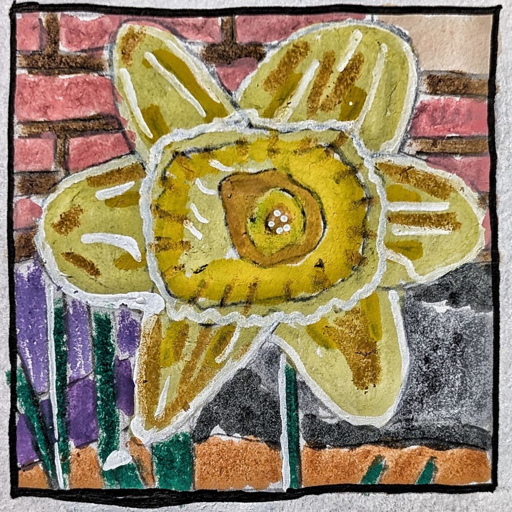 Brickwall Bloom: Daffodil Miniature Study – Floral Mixed Media Art by Justyn Simon