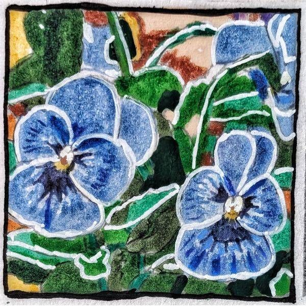 Blue Viola Miniature Study – Mixed Media Floral Artwork by Justyn Simon