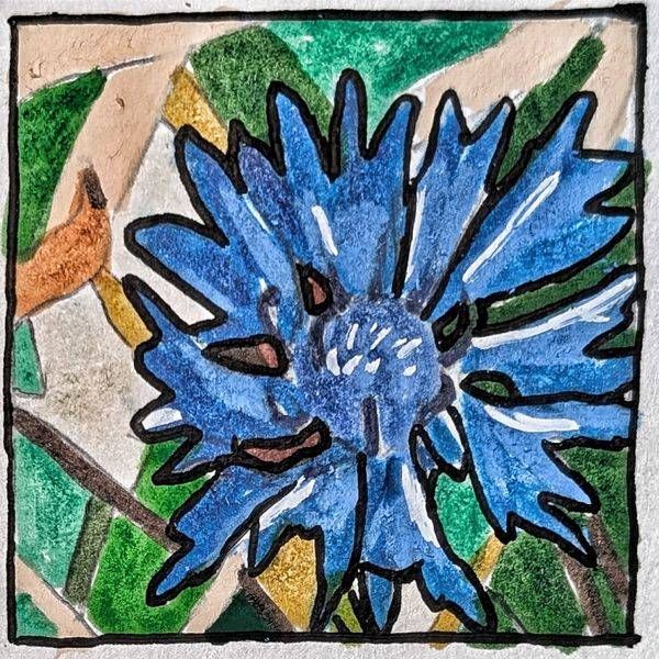 Blue Cornflower Miniature Study – Floral Mixed Media Art by Justyn Simon