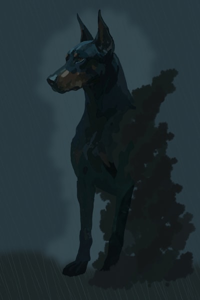 Rainbound Sentinel – Doberman Fantasy Dog Art | Barker’s of Ruin